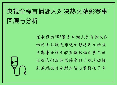 央视全程直播湖人对决热火精彩赛事回顾与分析
